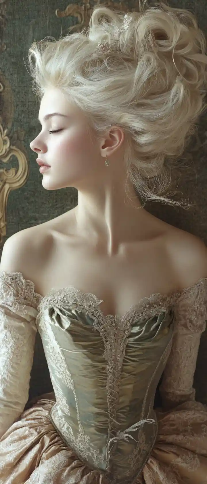 Donna rococò in abito di raso con capelli al vento