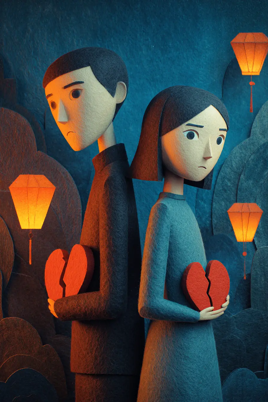 Couple With Torn Glowing Hearts In Surreal Indigo Landscape