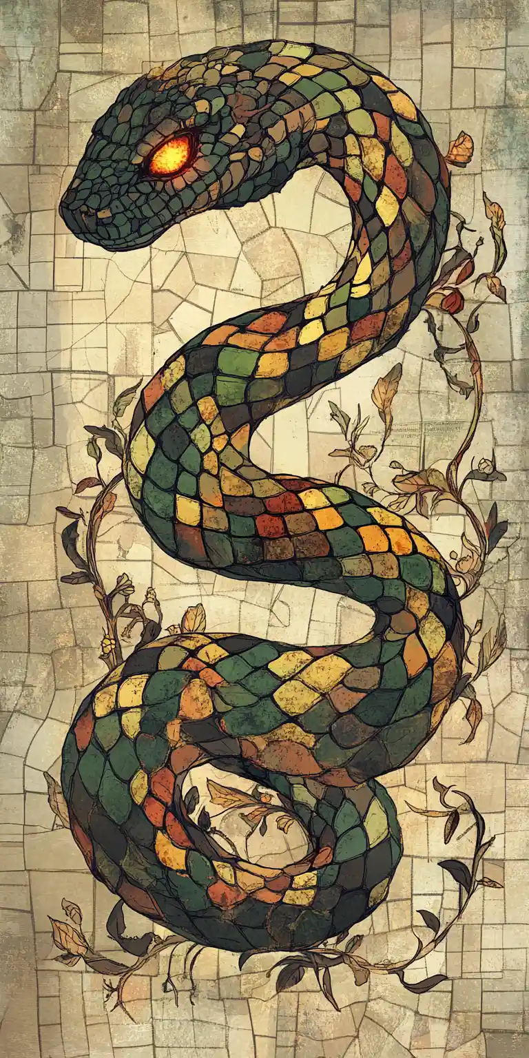Gotische Fantasy-Schlange mit Mosaikschuppen und leuchtenden Augen
