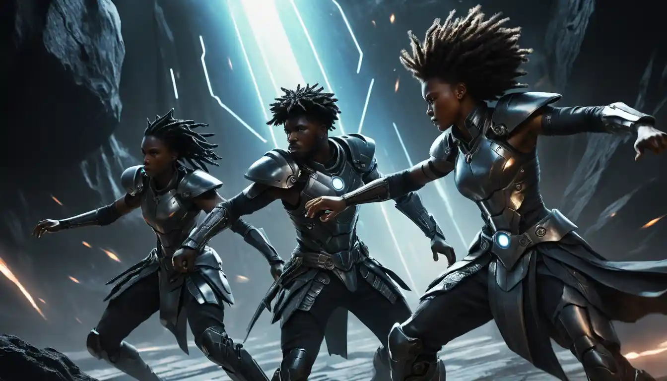 Affrontement de guerriers afrofuturistes dans une scène de bataille dark fantasy