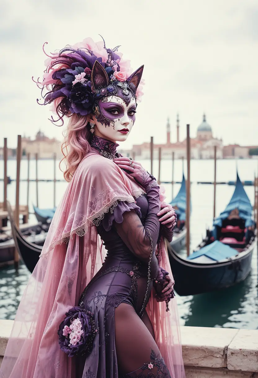 Masked woman in cat pose at venice waterfront carnival