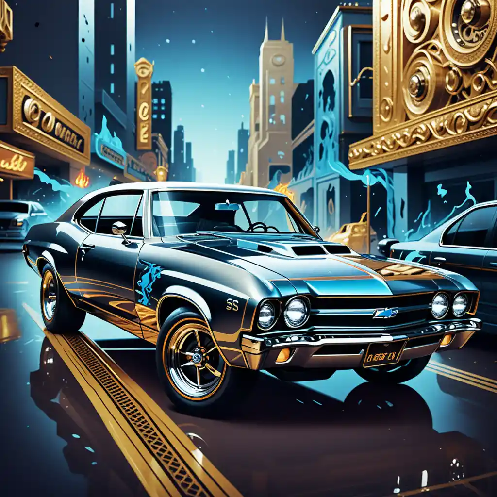 Colorful neon illustration of a classic 1967 muscle car
