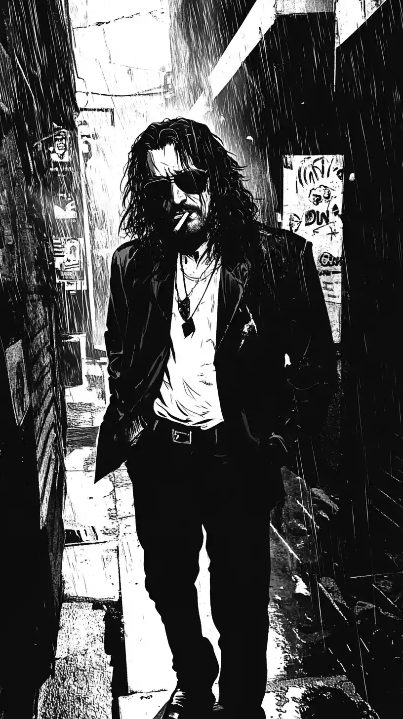 Noir-Detektiv in regennasser Gasse – Comic-Illustration