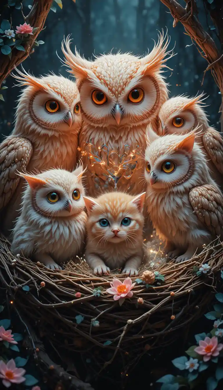 Surreal close up of owlets and kitten sharing a nest