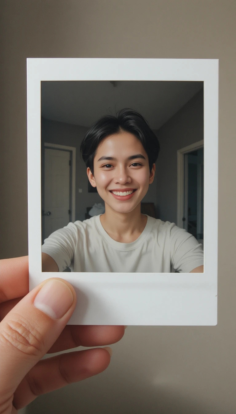 Hand holding a polaroid selfie in classic instant photo style