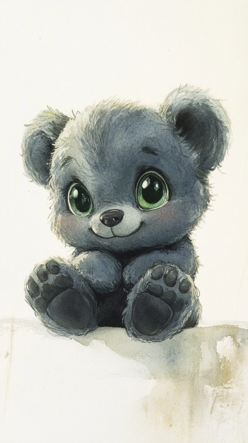 Whimsical watercolor teddy bear with bright green eyes