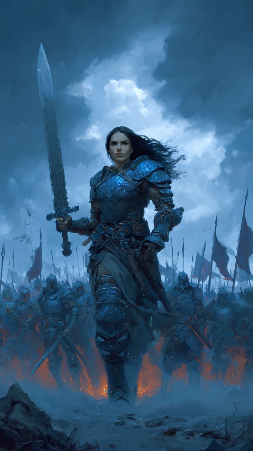 Fierce female warlord leading her army at twilight
