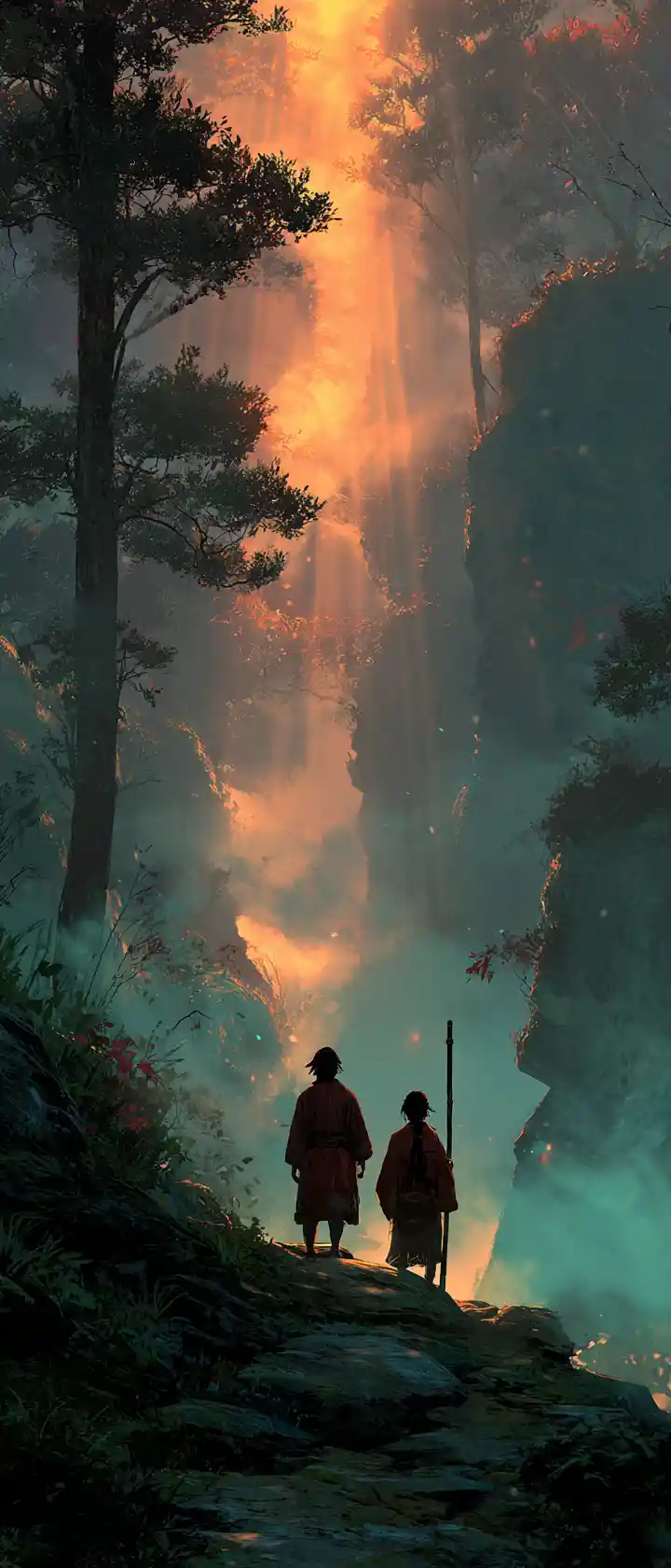 Two siblings back to back on a foggy mountain trail