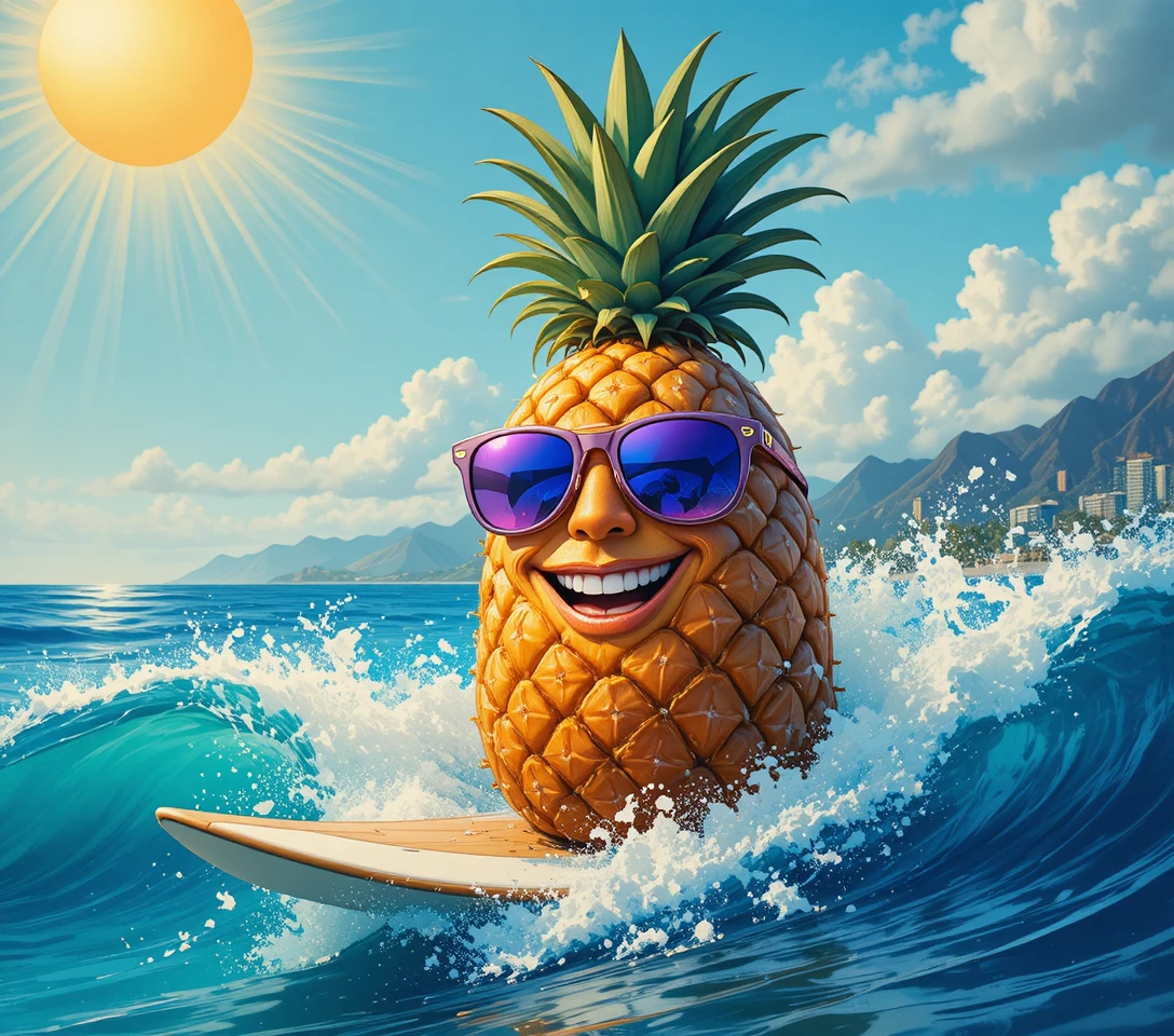 Abacaxi feliz surfando no brilho do sol havaiano