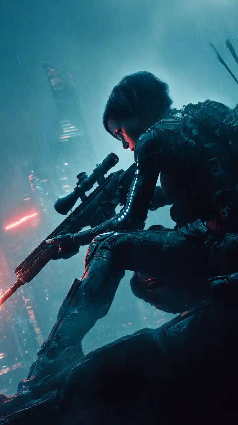 Afrofuturistic sniper firing from a rainy city rooftop