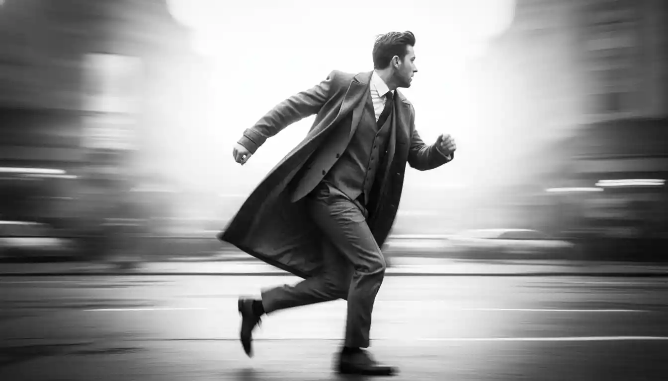 Homem correndo com desfoque de movimento e forte contraluz branca