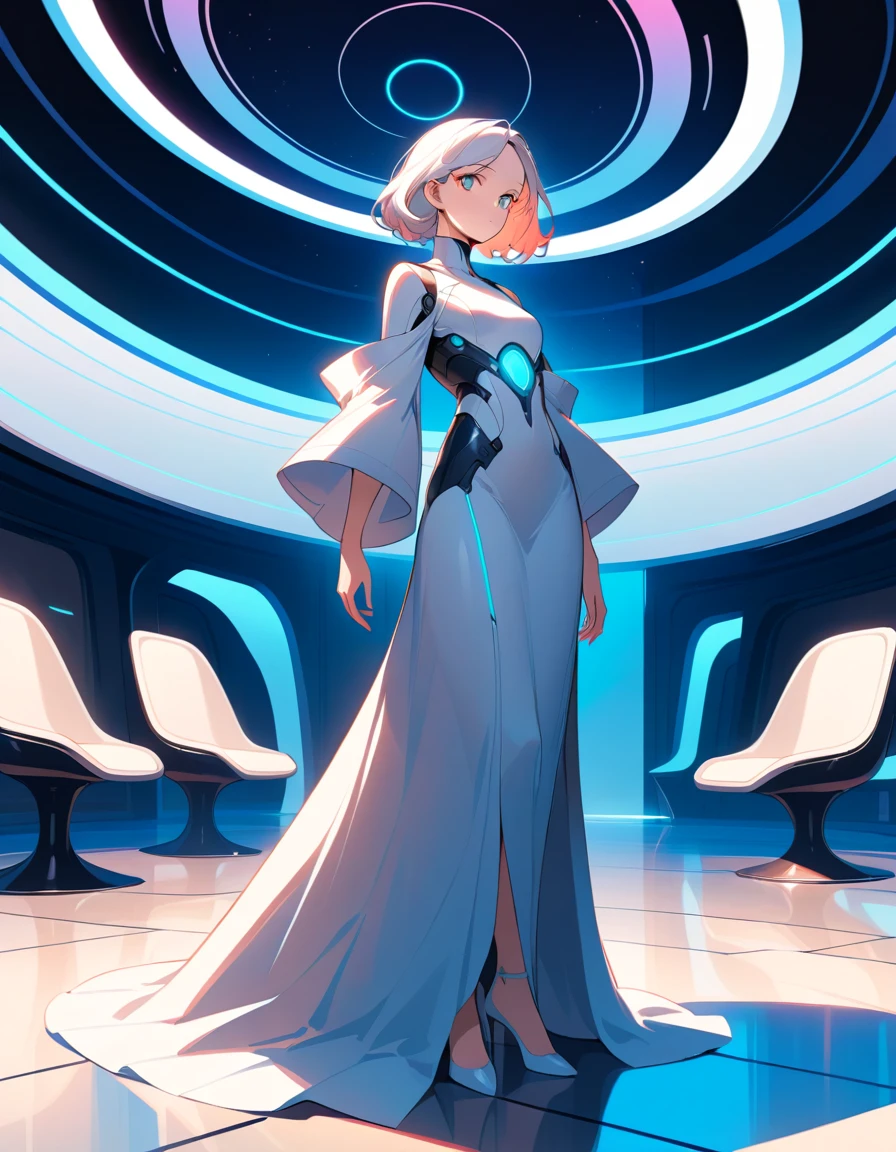 Woman in white robe in serene futuristic dining interior