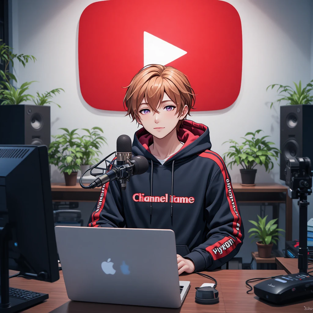 Chico de anime haciendo streaming en un escritorio de computadora en un estudio casero