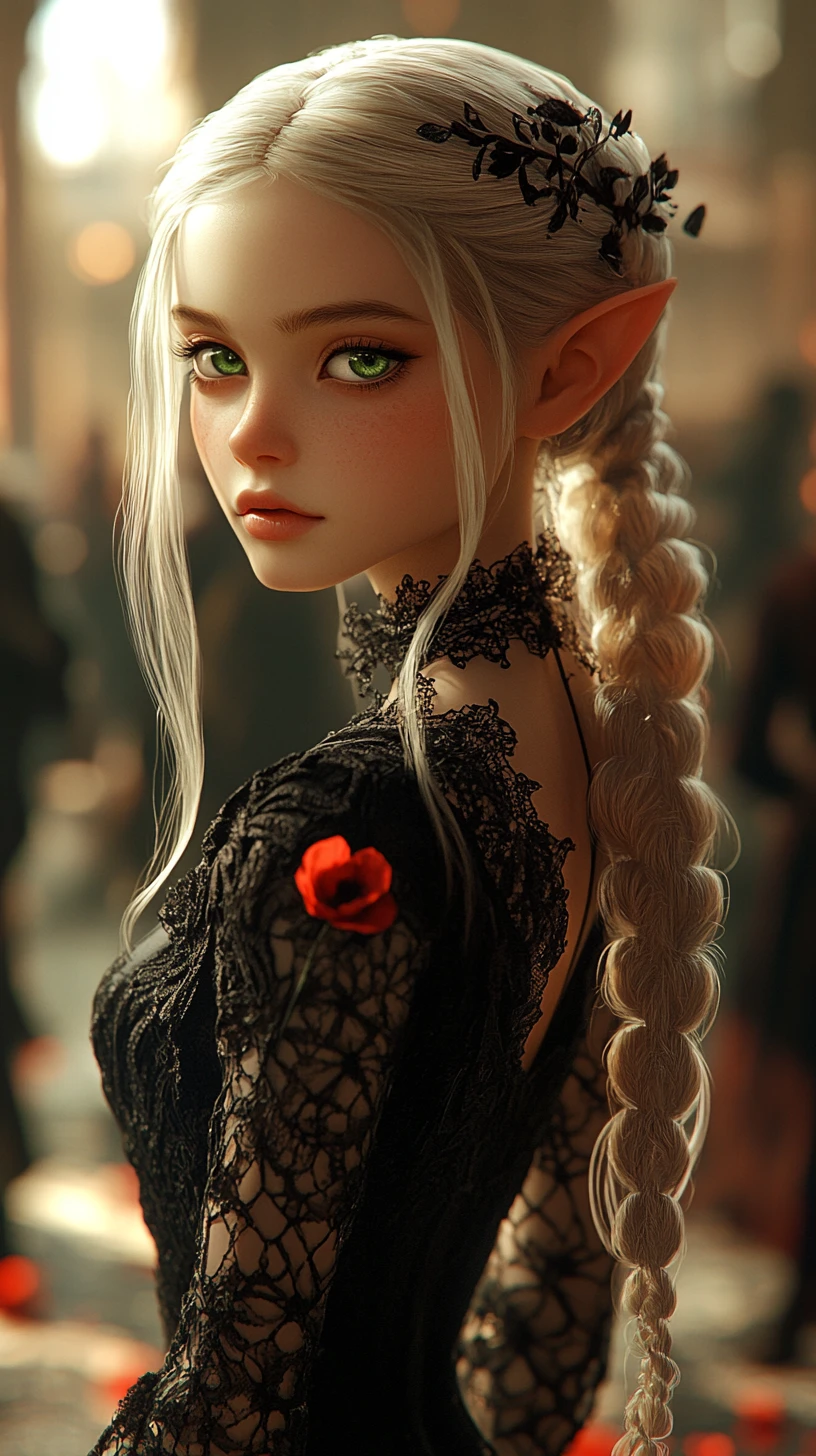 Melancholic elf girl in black lace gown in ballroom