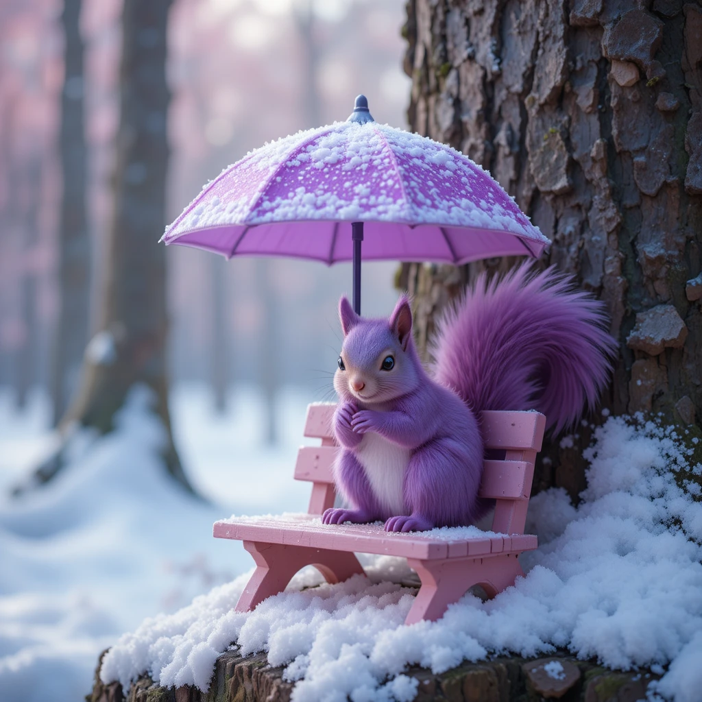 Lila Eichhörnchen auf verschneiter Picknickbank unter einem Regenschirm