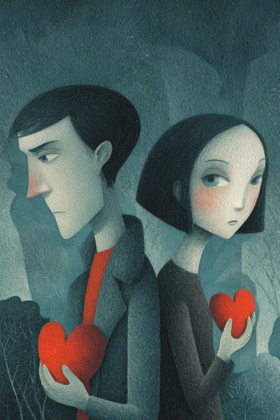 Couple With Torn Glowing Hearts In Surreal Indigo Landscape