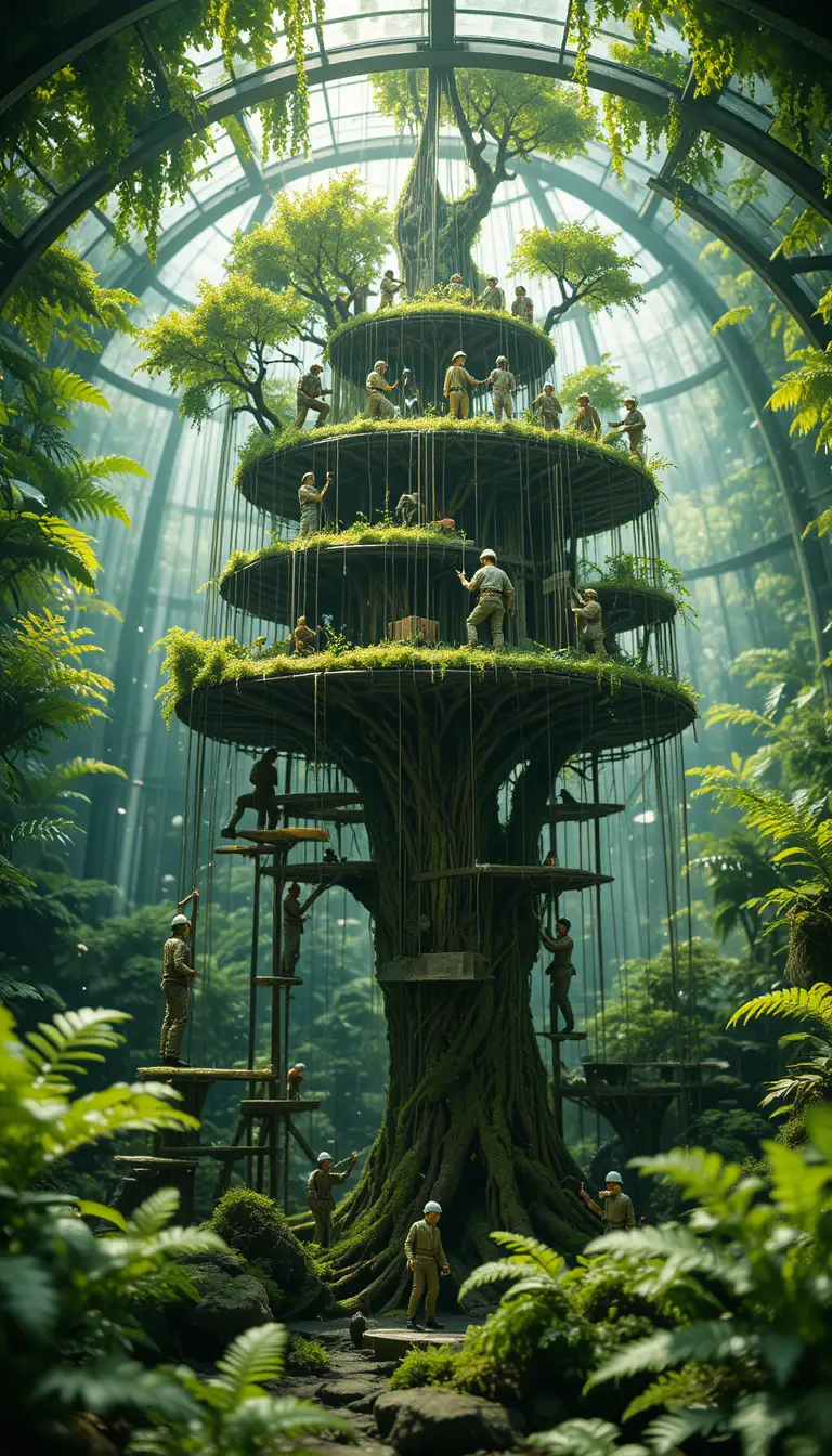 Miniature moss builders crafting a treehouse in a terrarium
