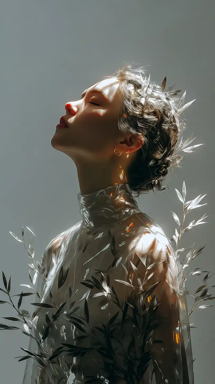 Serene woman in profile bathed in ethereal golden backlight
