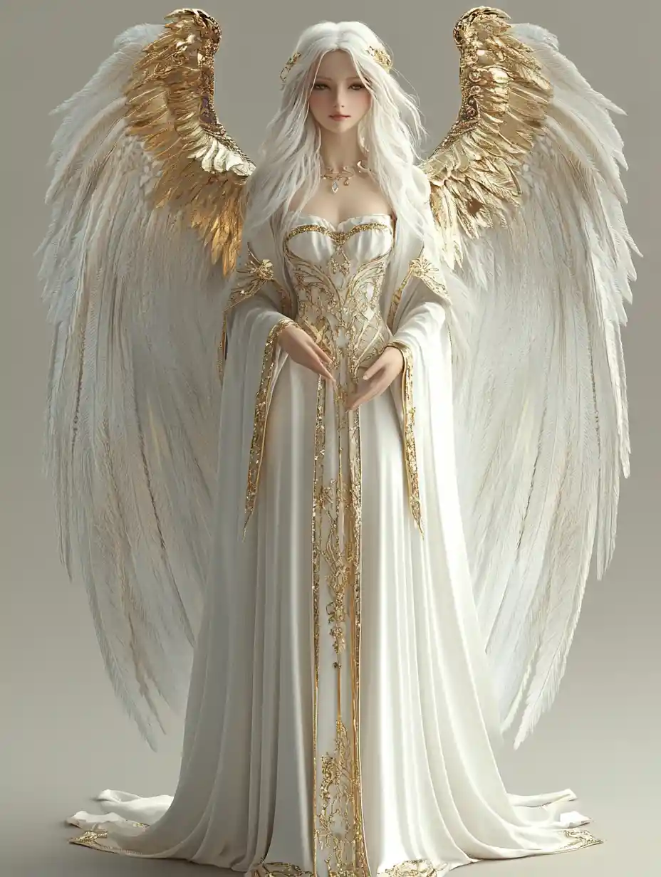 Angelic woman with white wings in flowing silken robes