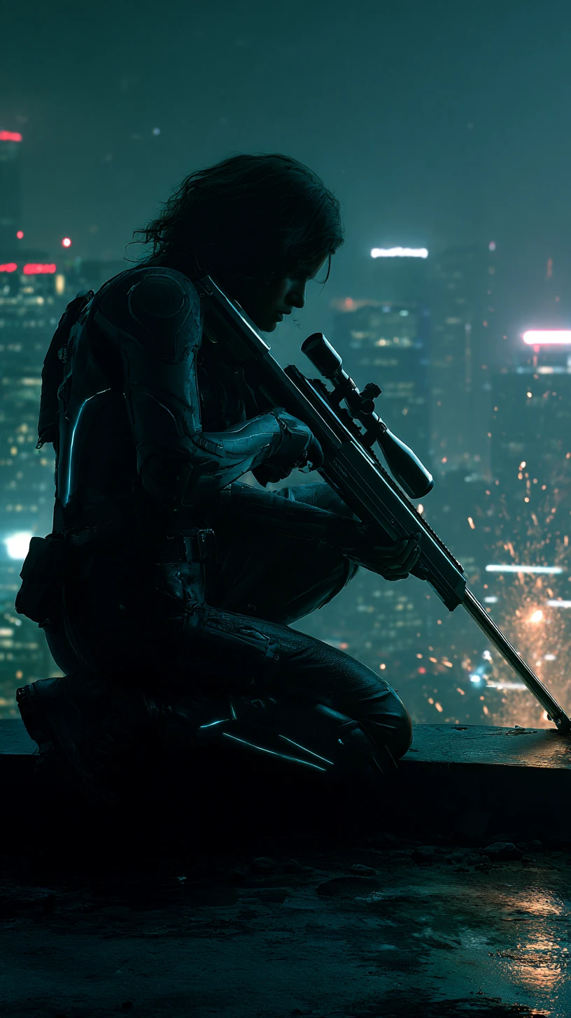 Afrofuturistic female sniper firing from a rainy city rooftop