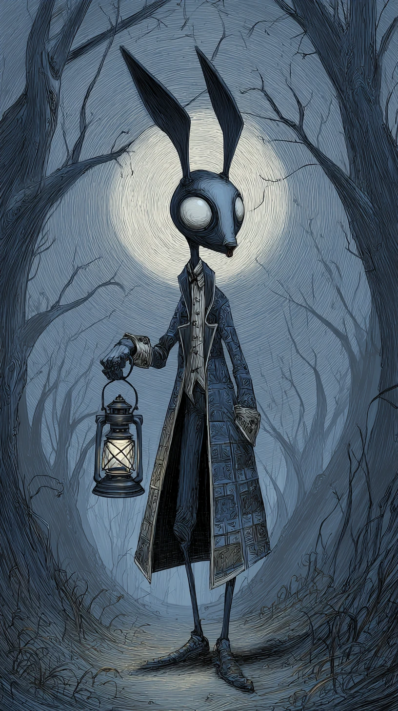 Whimsical Rabbit Wanderer With Lantern In Moonlit Meadow