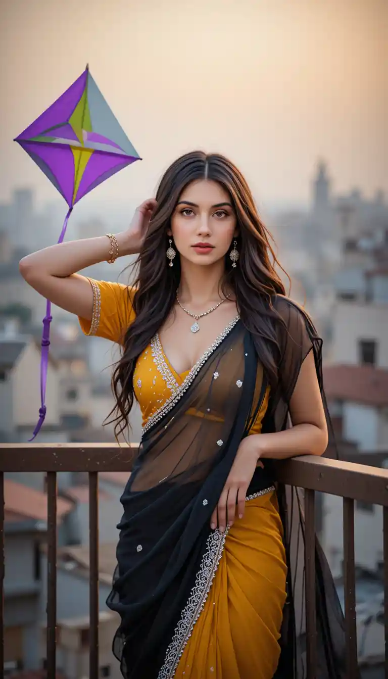 Indian woman with kite on a rooftop at golden hour