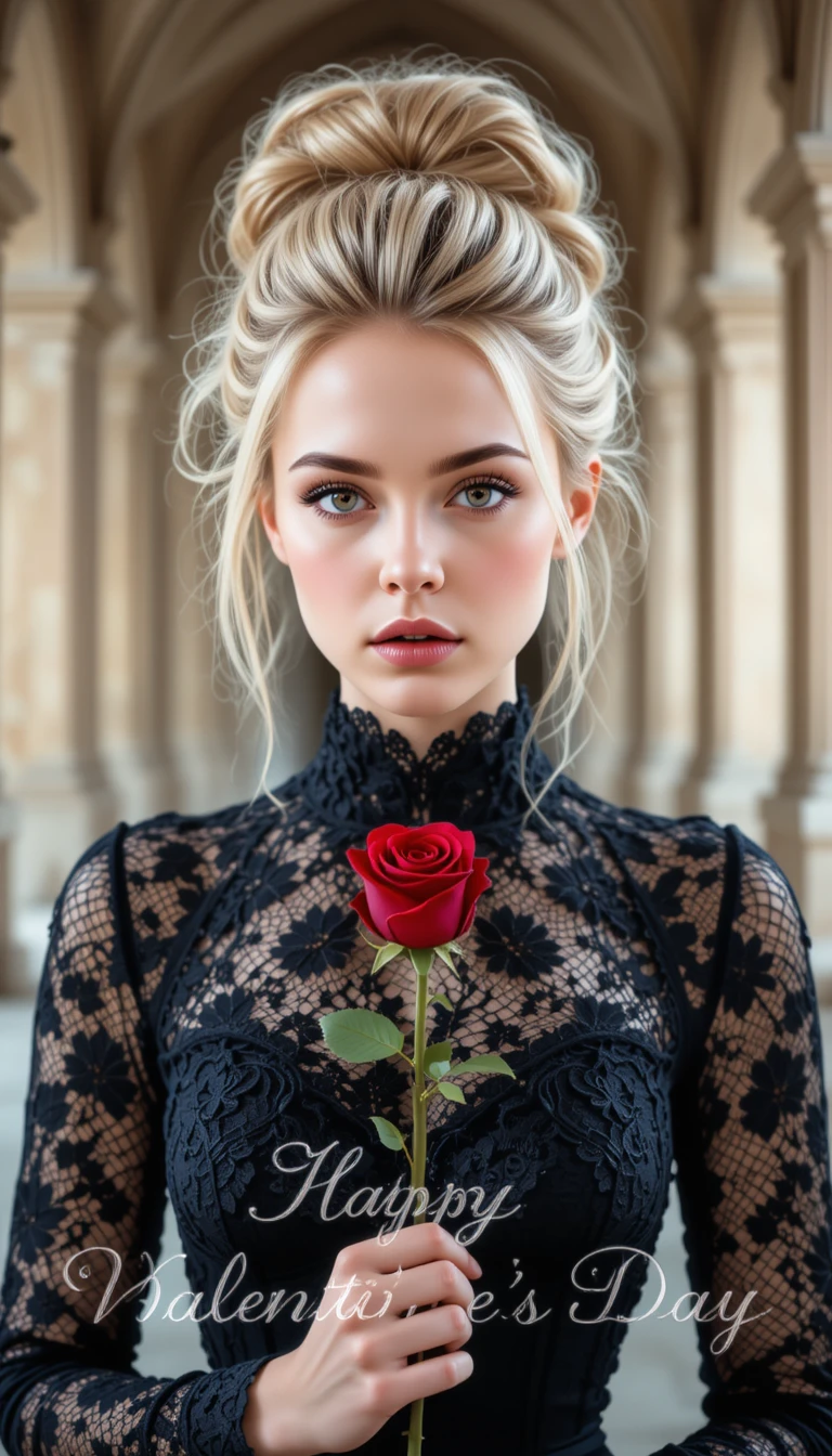 Young woman in black lace holding a single red rose