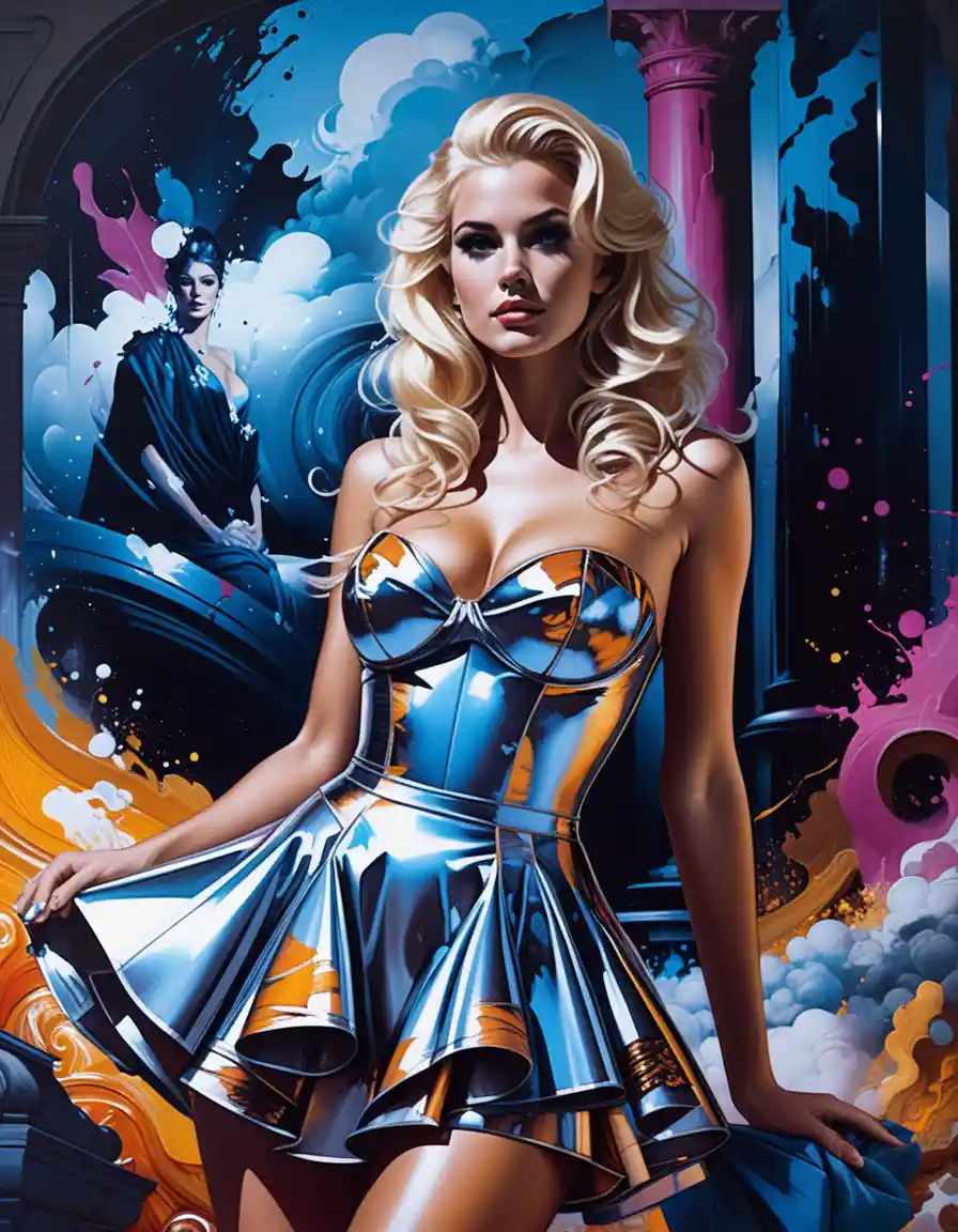 Blonde pinup woman in a formal mini dress