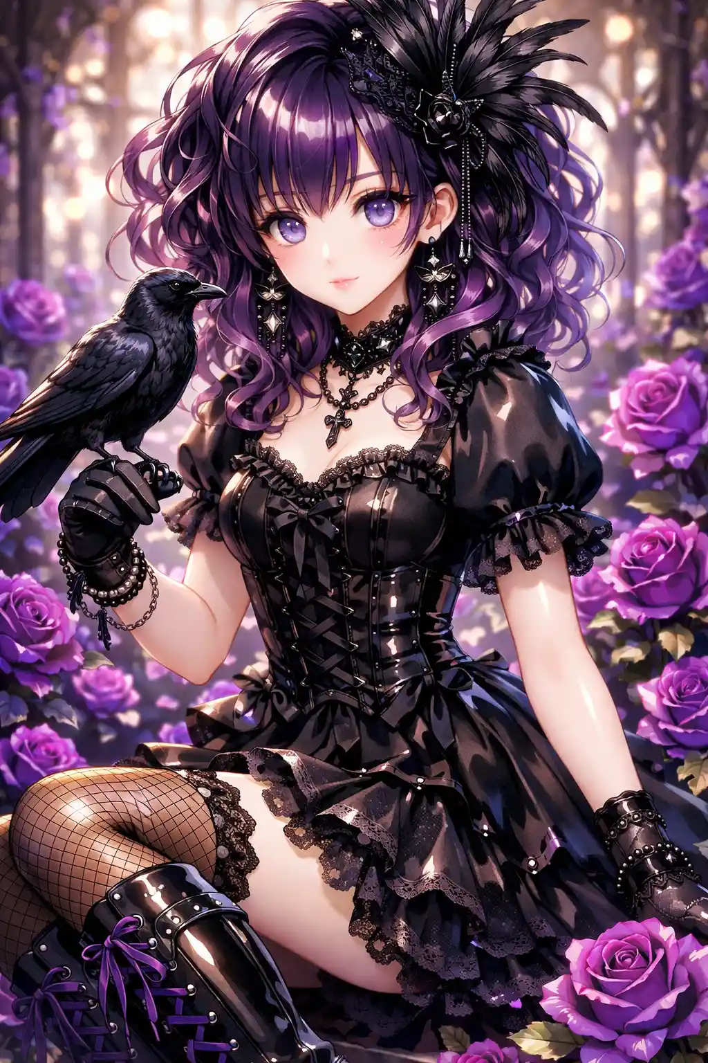 Ragazza anime gotica con corvo in un oscuro giardino di rose