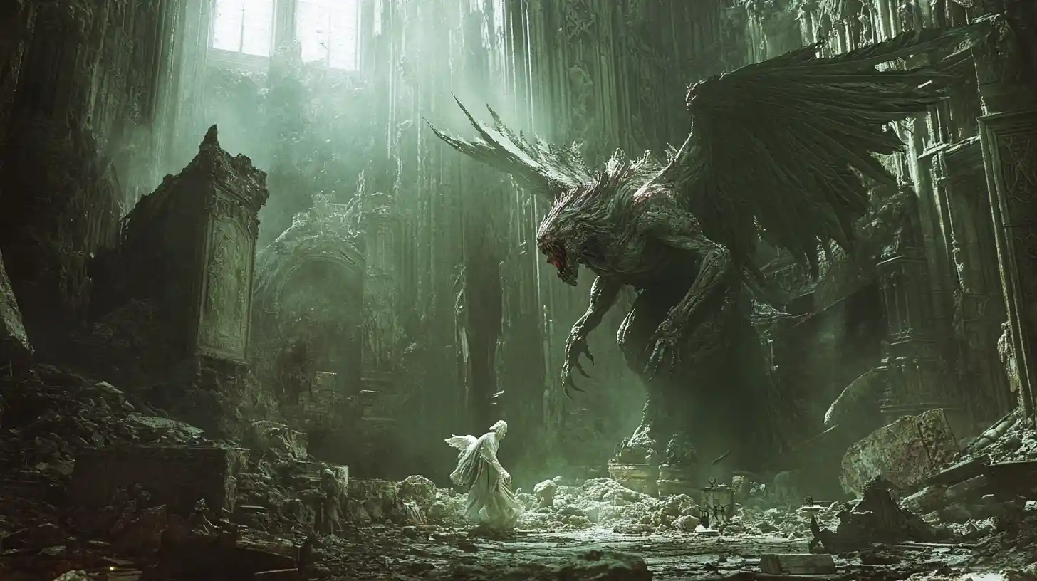 Ancient demon reaching for a radiant angel in ruins