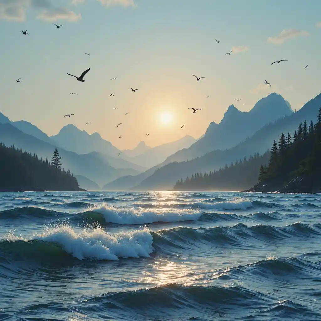 Calm ocean view with sun birds forest and mountains