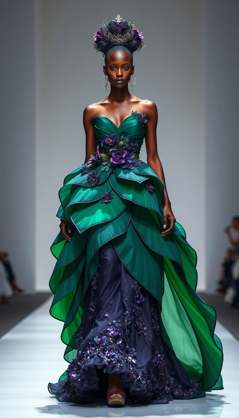 Elegant couture model in floral inspired emerald gown