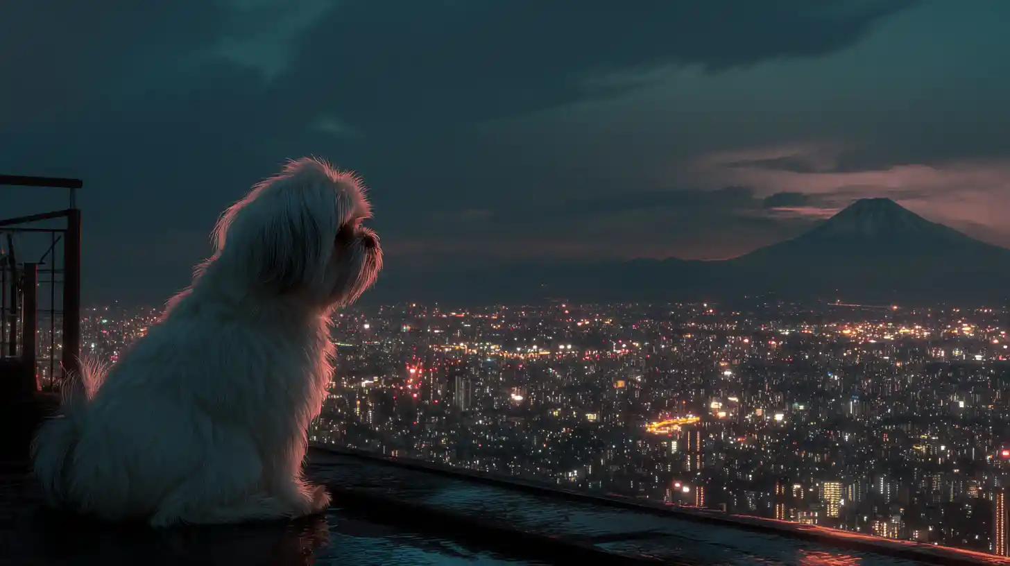Shih tzu bianco su un tetto piovoso di Tokyo a mezzanotte
