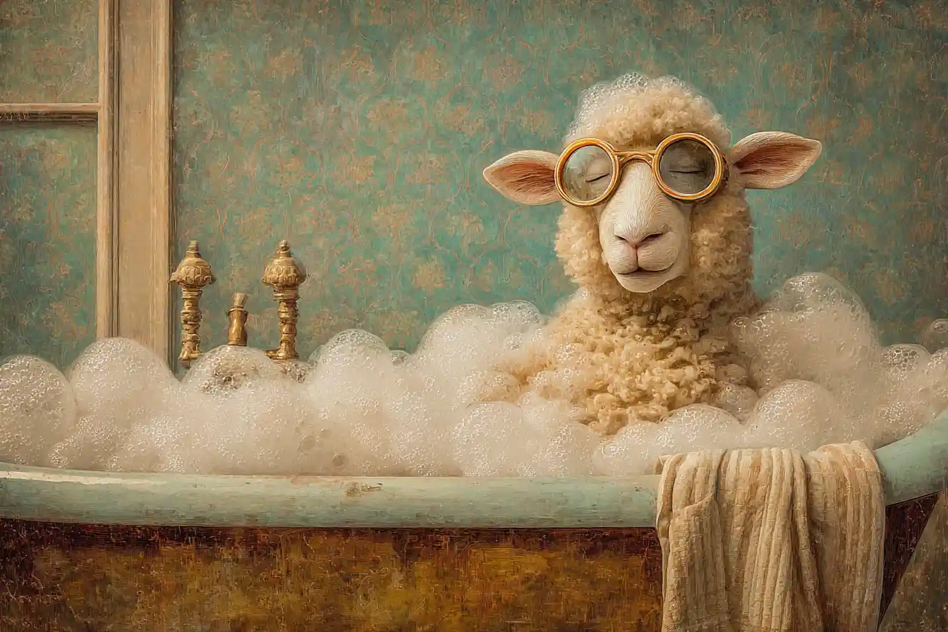 Pecora con maschera di bellezza che si rilassa in vasca vintage piena di bolle