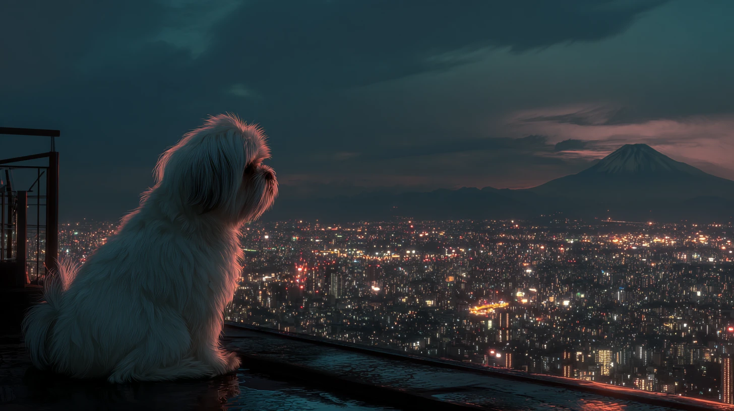 Weißer Shih Tzu auf einem regennassen Dach in Tokio um Mitternacht