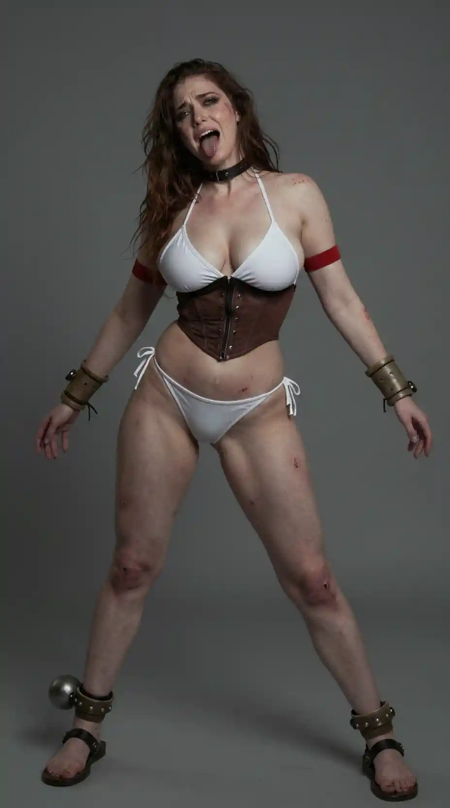 ビキニ姿の女戦士が屈辱的なポーズで拘束されている