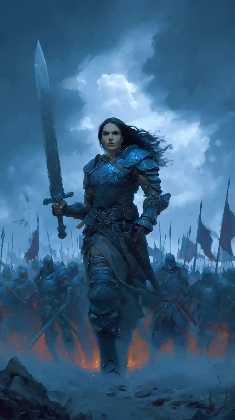Fierce female warlord leading her army at twilight