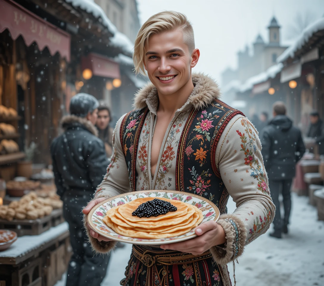 Giovane biondo sorridente in costume folk invernale al mercato