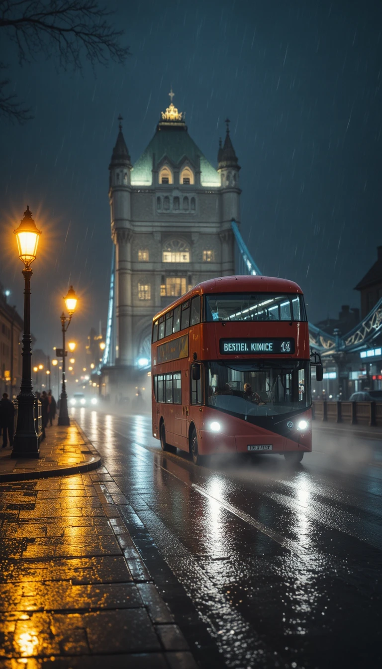 Calle nocturna lluviosa de Londres con autobús rojo junto al Tower Bridge