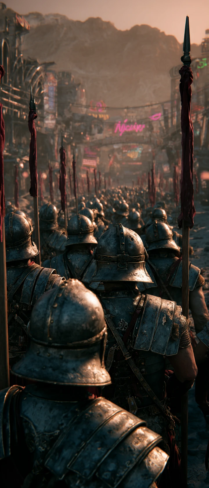 Legión romana marcha por el Las Vegas en ruinas al atardecer
