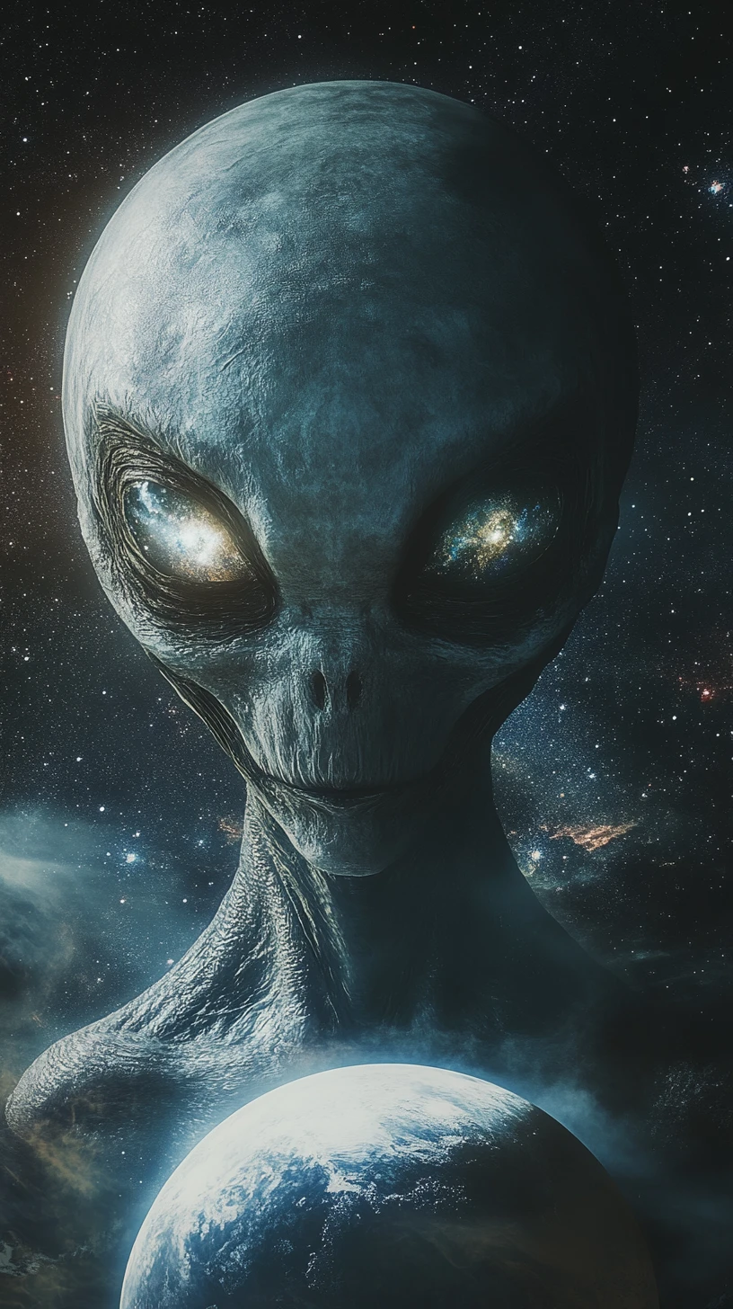 Portrait surréaliste d’extraterrestre révélant une scène paisible d’espace profond