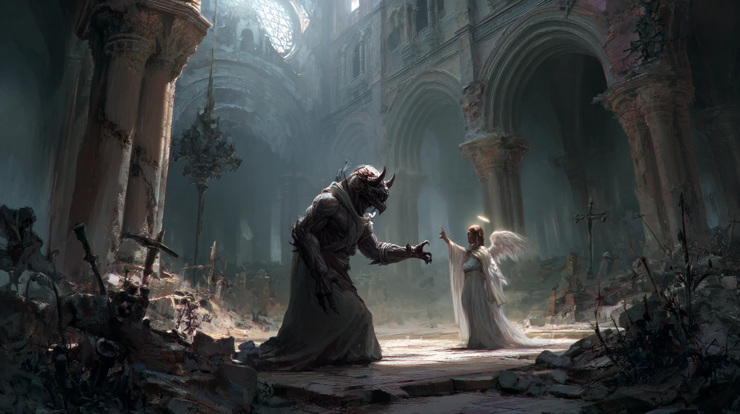 Demonio alcanzando a un ángel radiante en catedral en ruinas