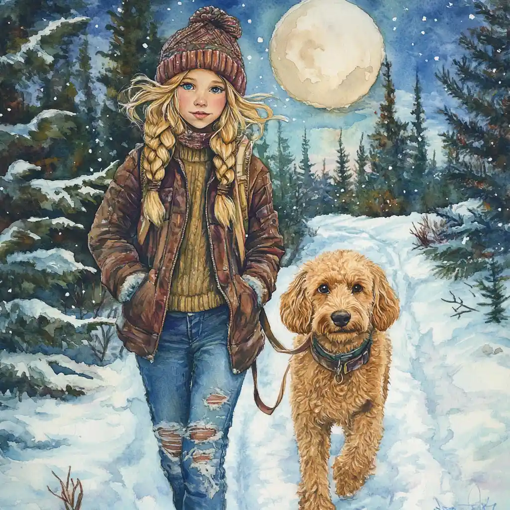 Girl walking her dog on a snowy moonlit forest path