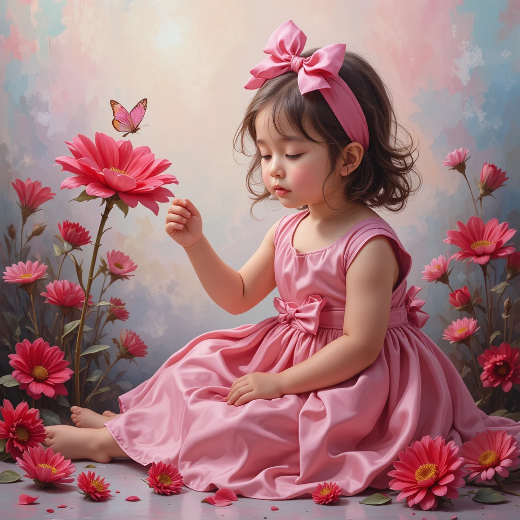 Bambina con vestito rosa tra fiori e farfalla