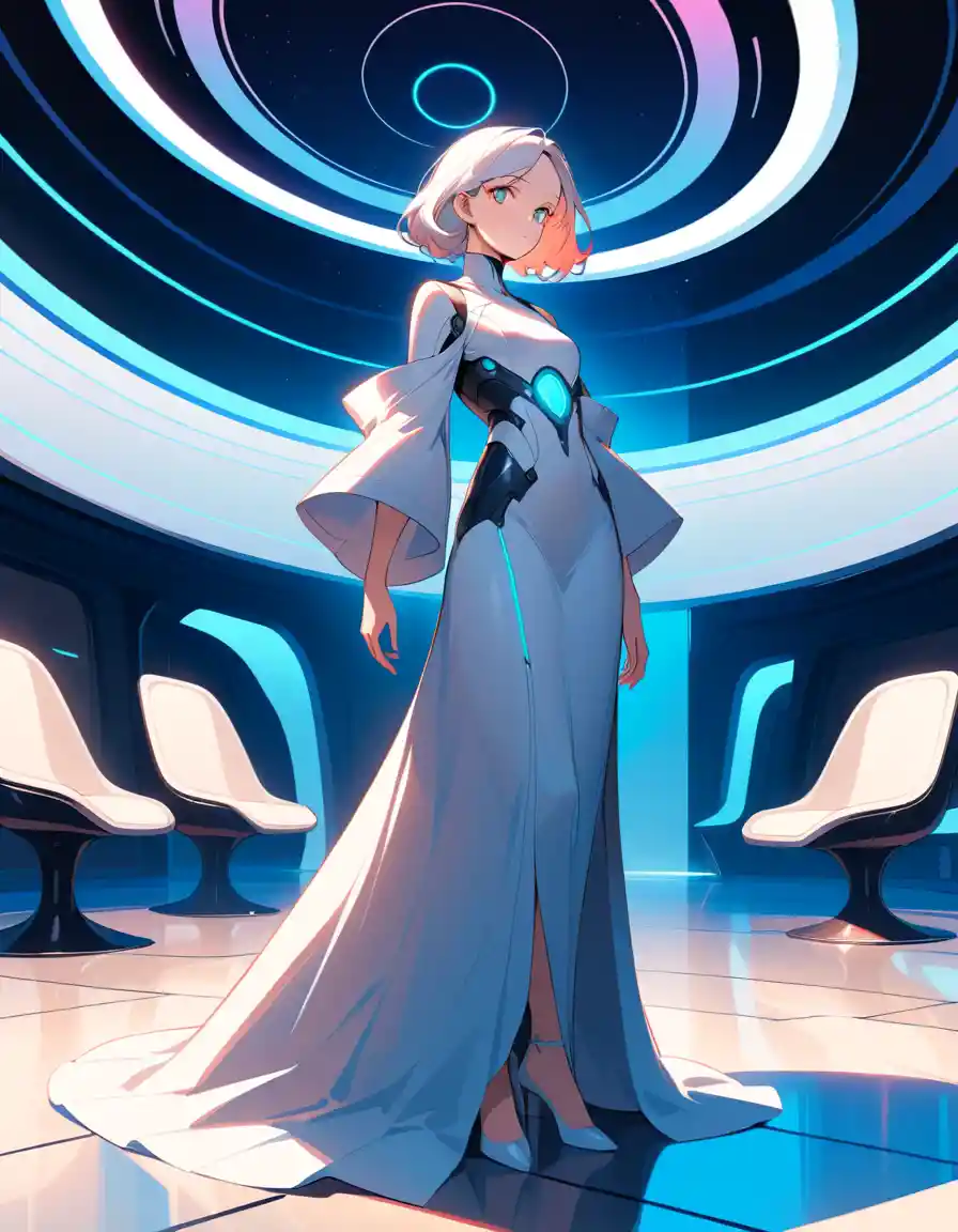 Mujer con túnica blanca en interior de comedor futurista y sereno