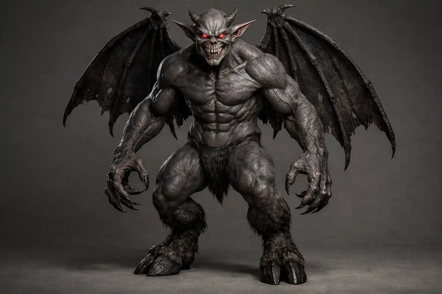 Full body 3D demon character with wings and claws