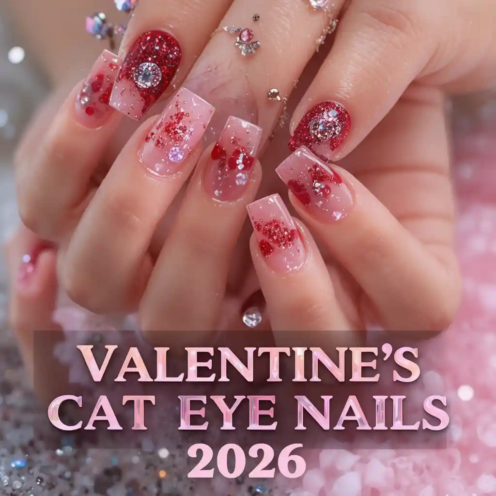 Valentines cat eye nail art on manicured hands