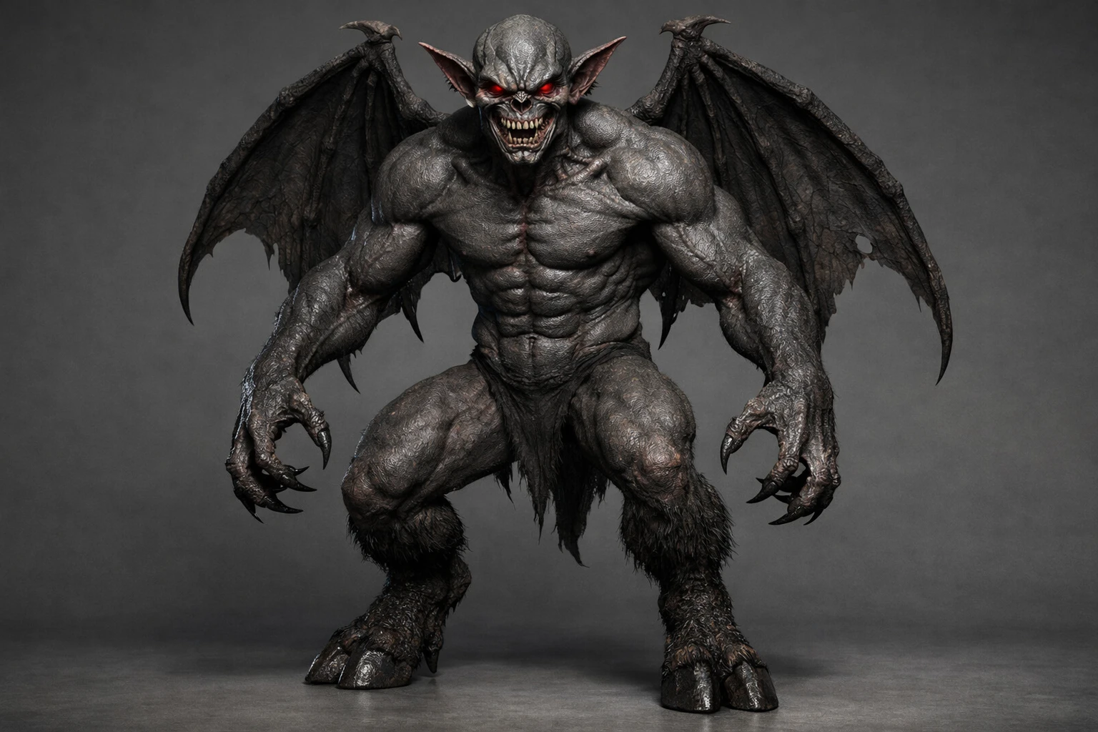 Menacing 3D demon with wings on gray background