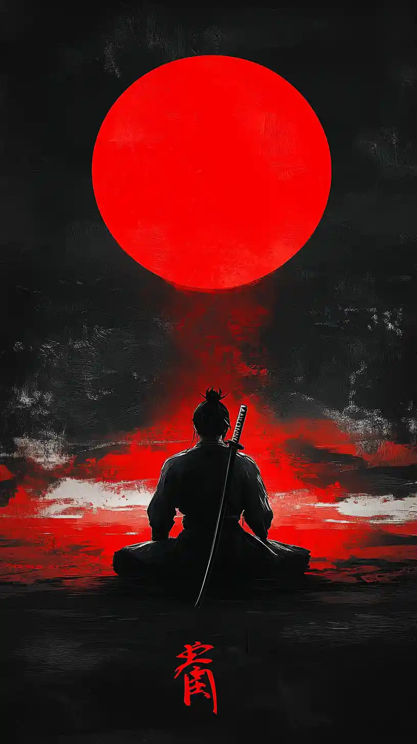 Solitary samurai meditating beneath a red sun disc