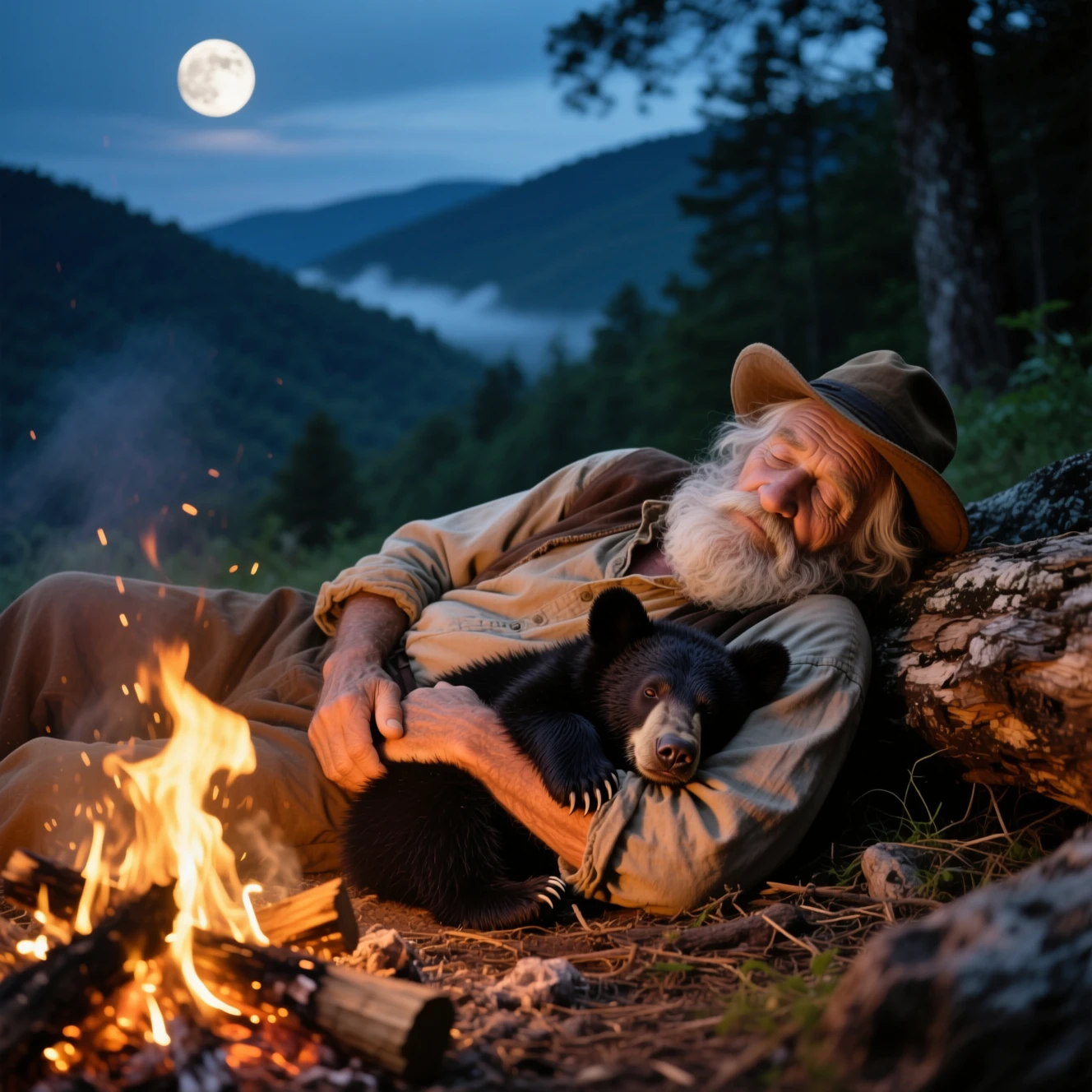 Viejo campista durmiendo junto al fuego con un osezno por la noche